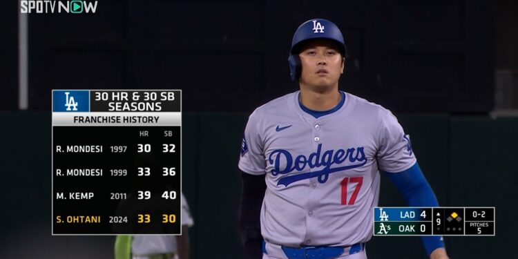 【ドジャース・大谷翔平 日本人初の30-30達成！】9回ビッグイニングの口火を切る安打で出塁！2盗&3盗も成功させ本塁生還！