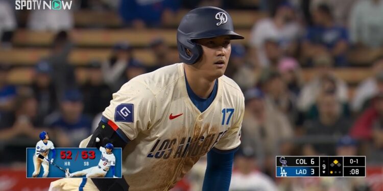 【ドジャース・大谷翔平 5戦連続安打&53個目の盗塁!】9回裏に先頭で出塁すると、すかさず盗塁も決める!