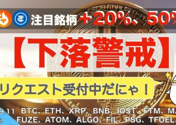 【BTC、ETH、XRP、BNB】下落警戒！注目銘柄＋20%、50%！！！（2021年9月11日 相場分析）