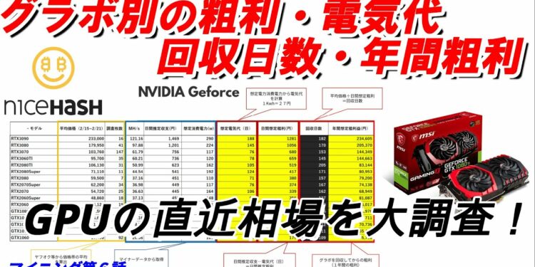 【マイニング・グラボ】２月度版！各グラフィックボードの直近相場一覧！マイニングの粗利益、電気料金、回収日数まで突っ込んで調べてみた。【ナイスハッシュ】（2021年2月）mining-vol.6